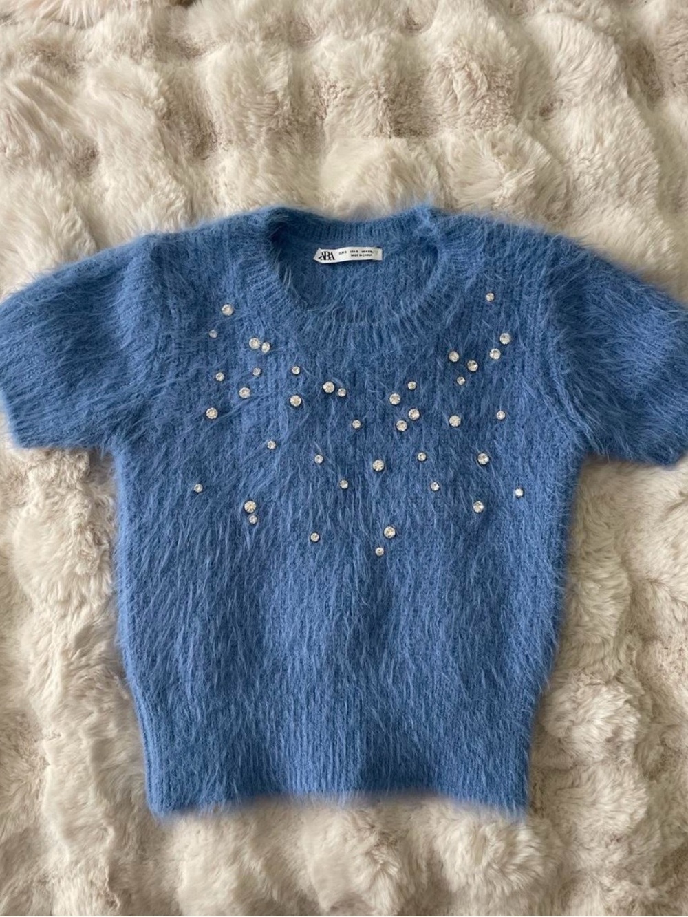 Zara Blue Fuzzy Knit Short-Sleeve Sweater with Bead Embellishment